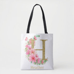 Bolsa Tote Aquarela Dourada e Monograma Floral Letra H