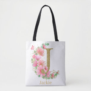 Bolsa Tote Aquarela Dourada e Monograma Floral Letra J