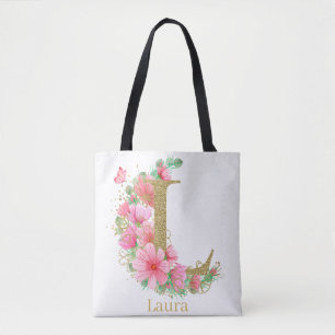 Bolsa Tote Aquarela Dourada e Monograma Floral Letra L