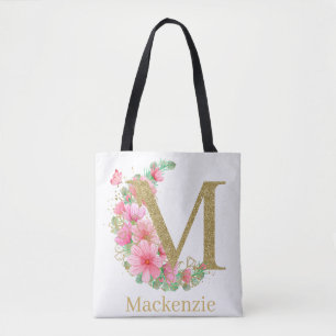 Bolsa Tote Aquarela Dourada e Monograma Floral Letra M