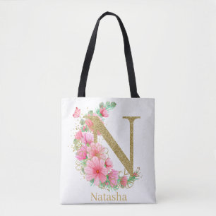 Bolsa Tote Aquarela Dourada e Monograma Floral Letra N