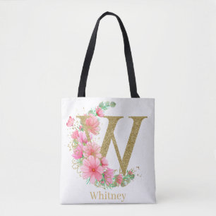 Bolsa Tote Aquarela Dourada e Monograma Floral Letra W