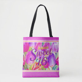 Bolsa Tote Aquarela Flor Rosa Elegante com Trim. Roxo