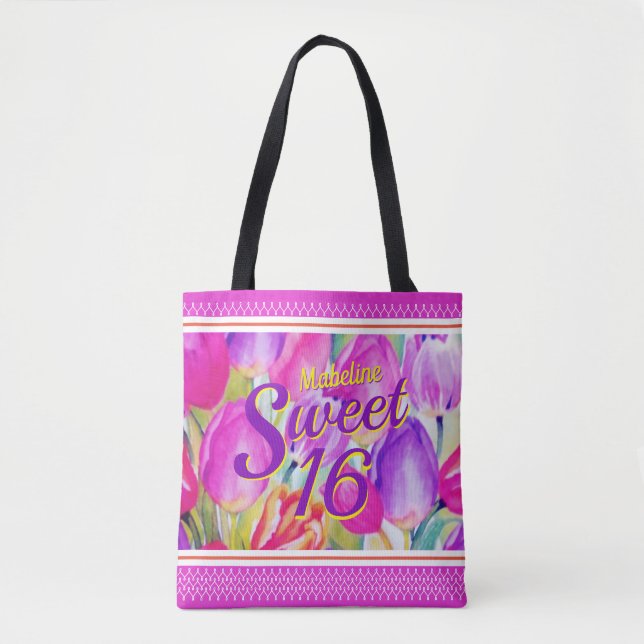 Bolsa Tote Aquarela Flor Rosa Elegante com Trim. Roxo (Frente)