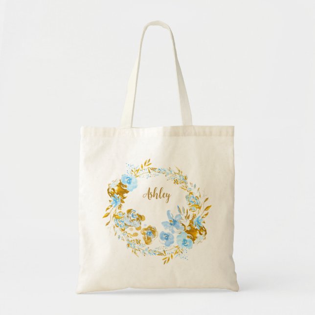 Bolsa Tote Aquarela floral azul e dourado personalizada (Frente)