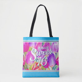 Bolsa Tote Aquarela Floral Cor-de-Rosa Elegante com Trim Azul