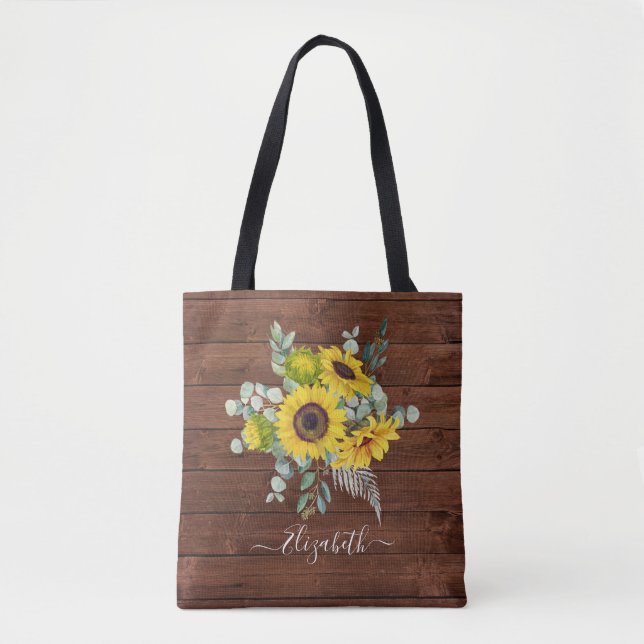 Bolsa Tote Aquarela Floral de Girassóis em Madeira Rústica (Frente)