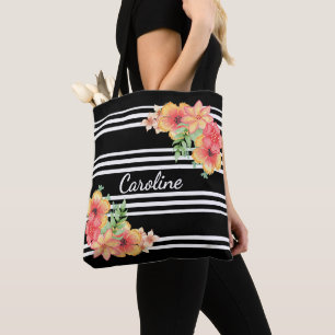 Bolsa Tote Aquarela Floral Personalizada Listras Preto e Bran