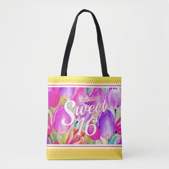 Bolsa Tote Aquarela Floral Rosa Elegante com Trim Amarelo (Frente)