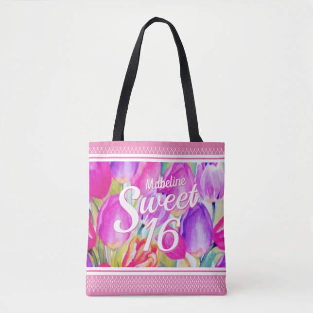 Bolsa Tote Aquarela Floral Rosa Elegante com Trim Rosa (Frente)