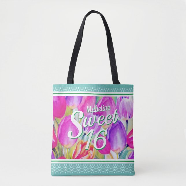 Bolsa Tote Aquarela Floral Rosa Elegante com Trim Verde (Frente)