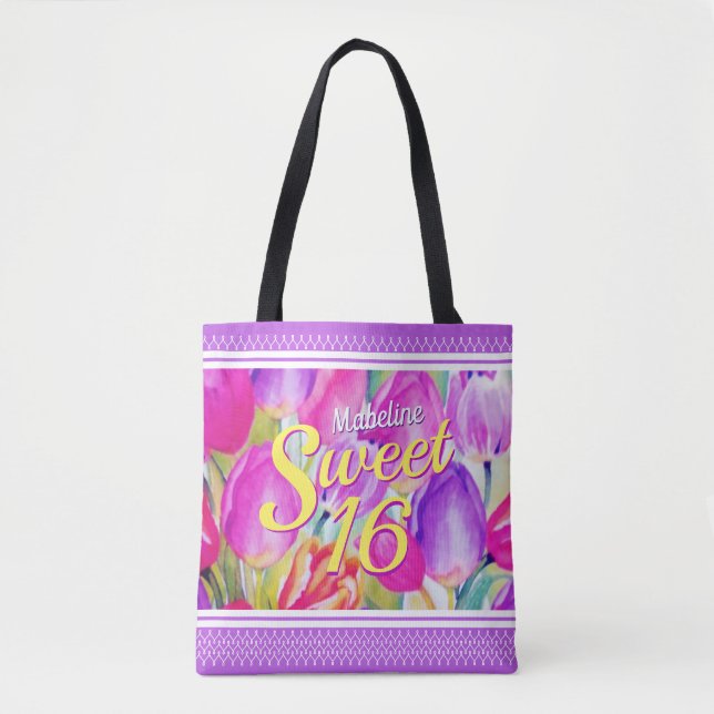 Bolsa Tote Aquarela Floral Rosa Elegante com Trim Violeta (Frente)