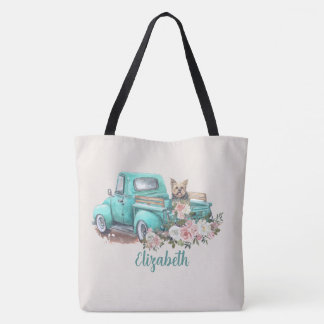 Bolsa Tote Aquarela Floral & Yorkie em Caminhão Azul