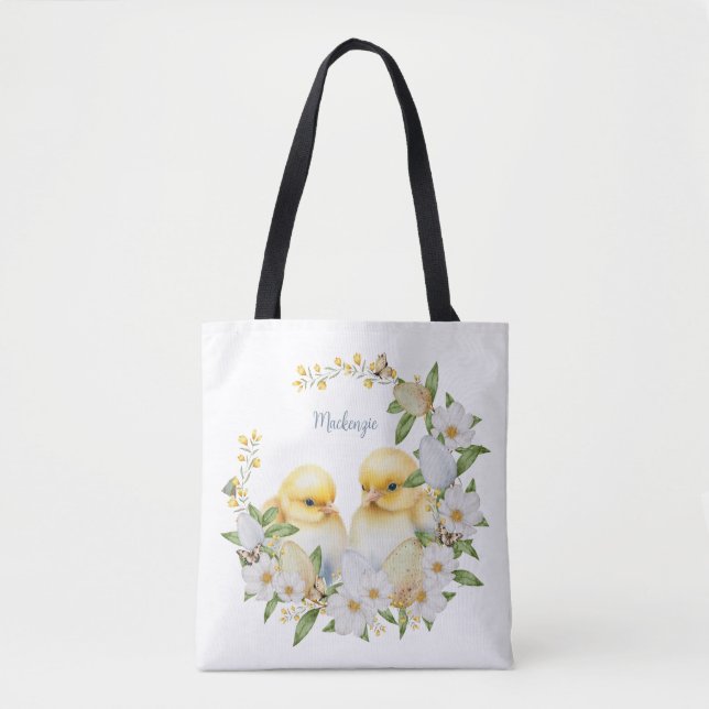 Bolsa Tote Aquarela Frango de Páscoa Personalizado (Frente)