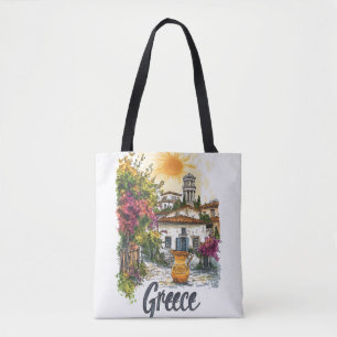 Bolsa Tote Aquarela Grécia: Cena de Aldeia com Flores