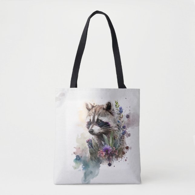 Bolsa Tote Aquarela Guaxinim Fofo Flores de Primavera         (Frente)