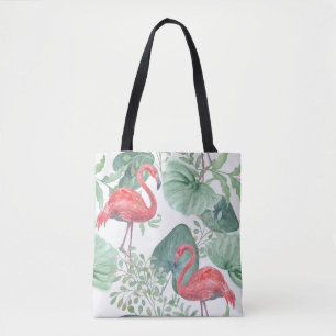 Bolsa Tote Aquarela Inflamingos e folhas cor-de-rosa.