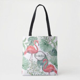 Bolsa Tote Aquarela Inflamingos e folhas cor-de-rosa.