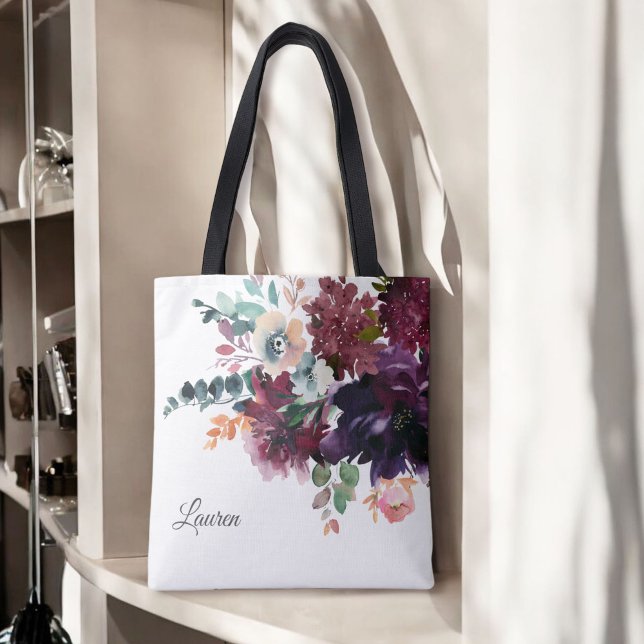 Bolsa Tote Aquarela Luxuosa com Nome e Floral Burgundy (Criador carregado)