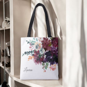 Bolsa Tote Aquarela Luxuosa Floral Borgonha com Nome
