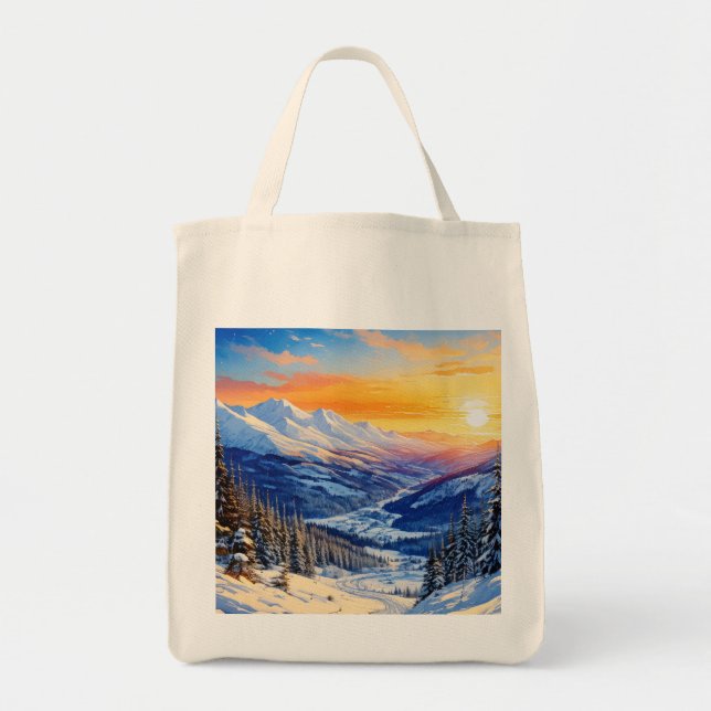 Bolsa Tote aquarela manhã de inverno, nascer do sol, Grocery  (Frente)