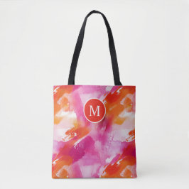 Bolsa Tote Aquarela Monograma Laranja Rosa Abstrato