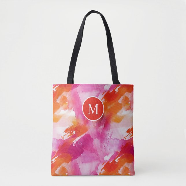 Bolsa Tote Aquarela Monograma Laranja Rosa Abstrato (Frente)