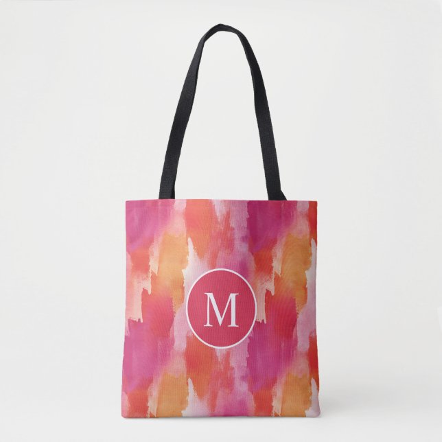 Bolsa Tote Aquarela Monograma Laranja Rosa Abstrato (Frente)