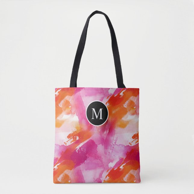 Bolsa Tote Aquarela Monograma Rosa Laranja Abstrato (Frente)