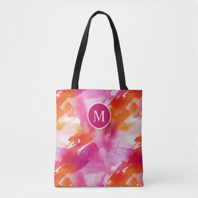 Bolsa Tote Aquarela Monograma Rosa Laranja Abstrato (Frente)