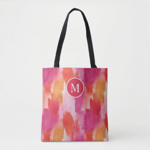 Bolsa Tote Aquarela Monograma Rosa Laranja Abstrato
