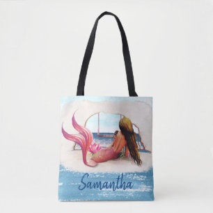 Bolsa Tote Aquarela Nome Sereia da Praia Afro-Americana