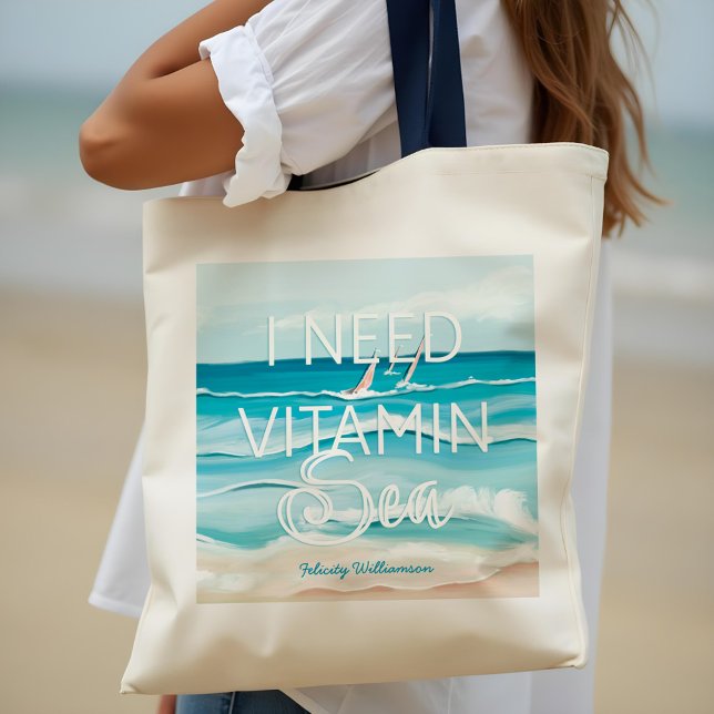 Bolsa Tote Aquarela Oceano litoral "I Need Vitamin Sea" (Watercolor Beachside Ocean 'I Need Vitamin Sea" Tote Bag)