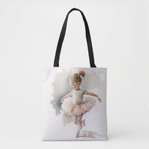 Bolsa Tote aquarela pequena, bailarina fofa com um vestido ro