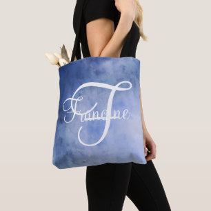 Bolsa Tote Aquarela personalizada em Azul e Branco com Monogr