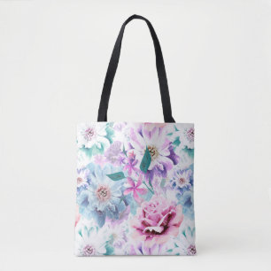 Bolsa Tote Aquarela rosa, flores azuis.
