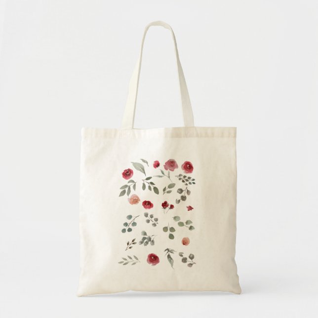 Bolsa Tote Aquarela Rosas de Aquarela Folhas Verdes Folhas (Frente)