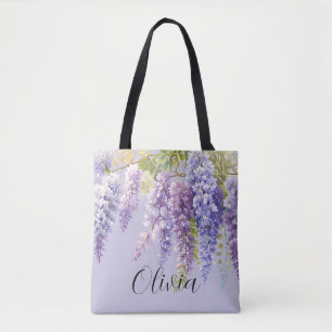 Bolsa Tote Aquarela roxa floral lavanda lilás glicínias