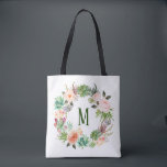 Bolsa Tote Aquarela Sucultiva Monograma Floral Wreath<br><div class="desc">Saco personalizável com suculentos de aquarela e coroa de cacto com flores em relevo. Esta bolsa de tote de monograma floral é perfeita como um presente personalizado.</div>