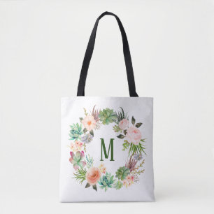 Bolsa Tote Aquarela Sucultiva Monograma Floral Wreath