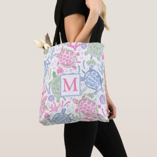Bolsa Tote Aquarela Tartartarugas do Mar Monograma Costeiro d
