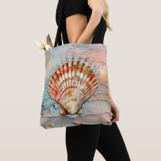 Bolsa Tote Aquarela Tranquila de Mariscos de Pêssego e Laranj