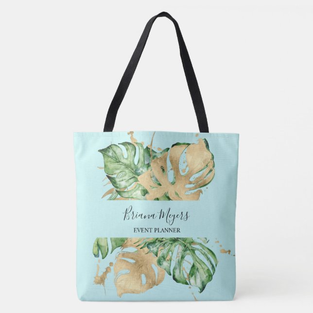Bolsa Tote Aquarela Verde Palma Deixa Dourado Teal Tropical (Frente)