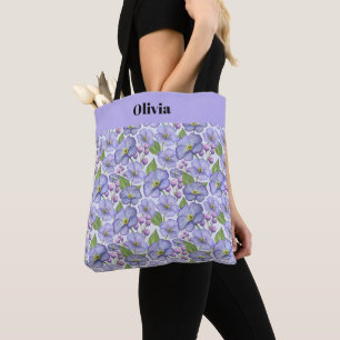 Bolsa Tote Aquarela Violetas Roxas & Padrão Floral