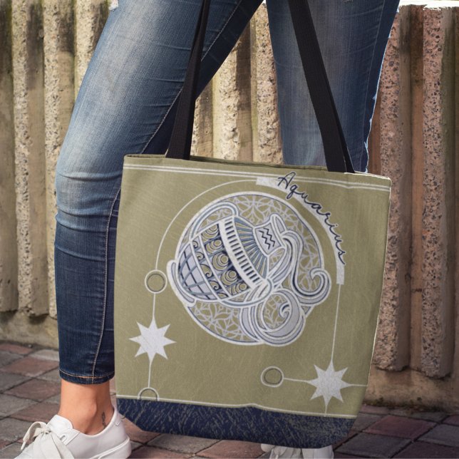 Bolsa Tote Aquarius Zodiac - Sinal Azul - Branco - Beige Mand (Criador carregado)