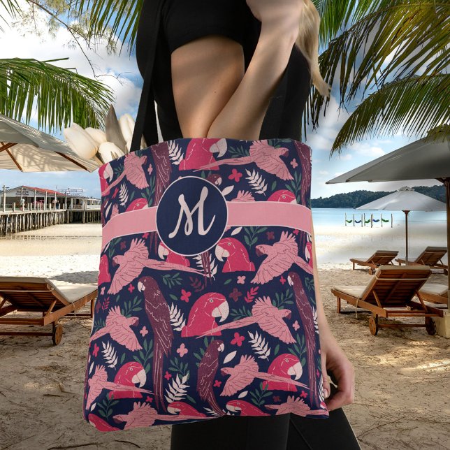 Bolsa Tote Ara Parrot Red Tropical Sair Patterno Monograma (Criador carregado)