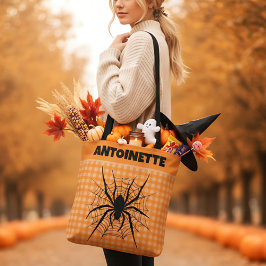 Bolsa Tote Aranha de Halloween em Xadrez Laranja de Teia de A
