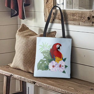 Bolsa Tote Arara Vermelha Papagaio Tropical Hibisco Branco Fl