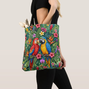Bolsa Tote Araras da Selva Papagaios Alegres Flores Vibrantes