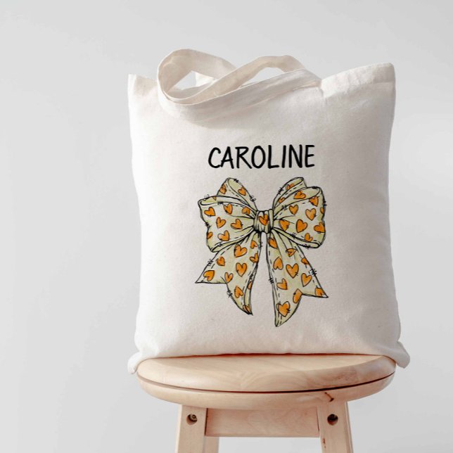 Bolsa Tote Arco de Coração Amarelo Laranja Coqueteiro Whimsic (Yellow-Orange Coquette Bow Tote Bag)
